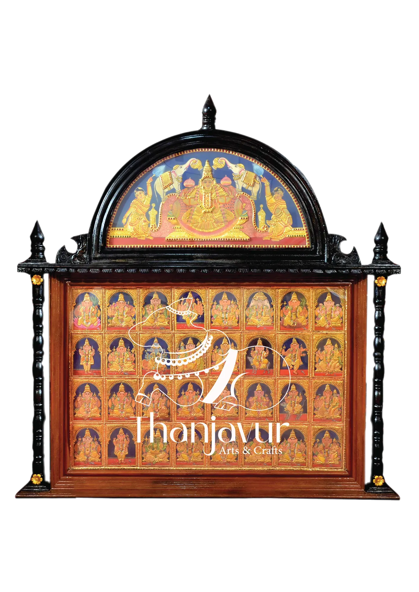 32 Forms of Ganesha with Gajalakshmi — handmade Thanjavur painting