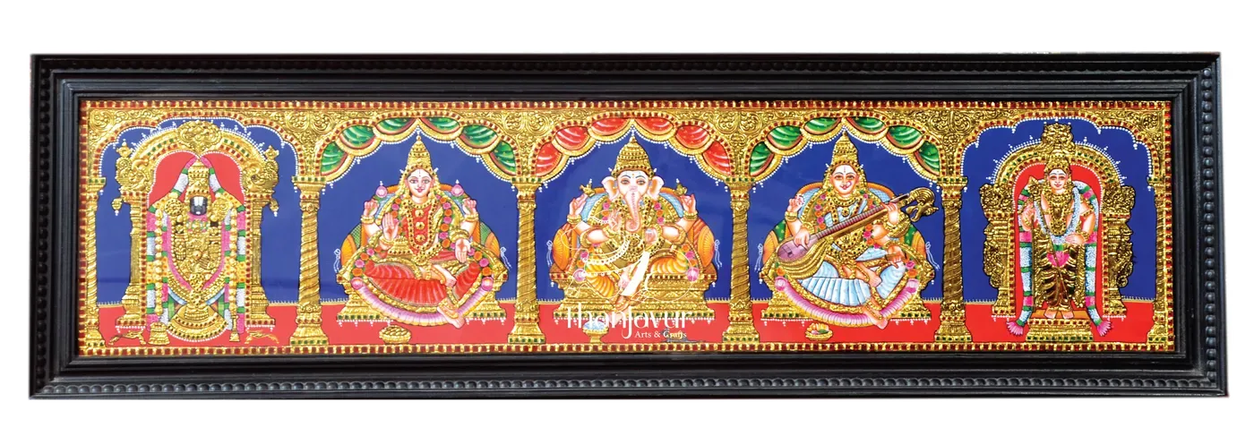 5 Gods in One frame - 15" X 60" — handmade Thanjavur painting