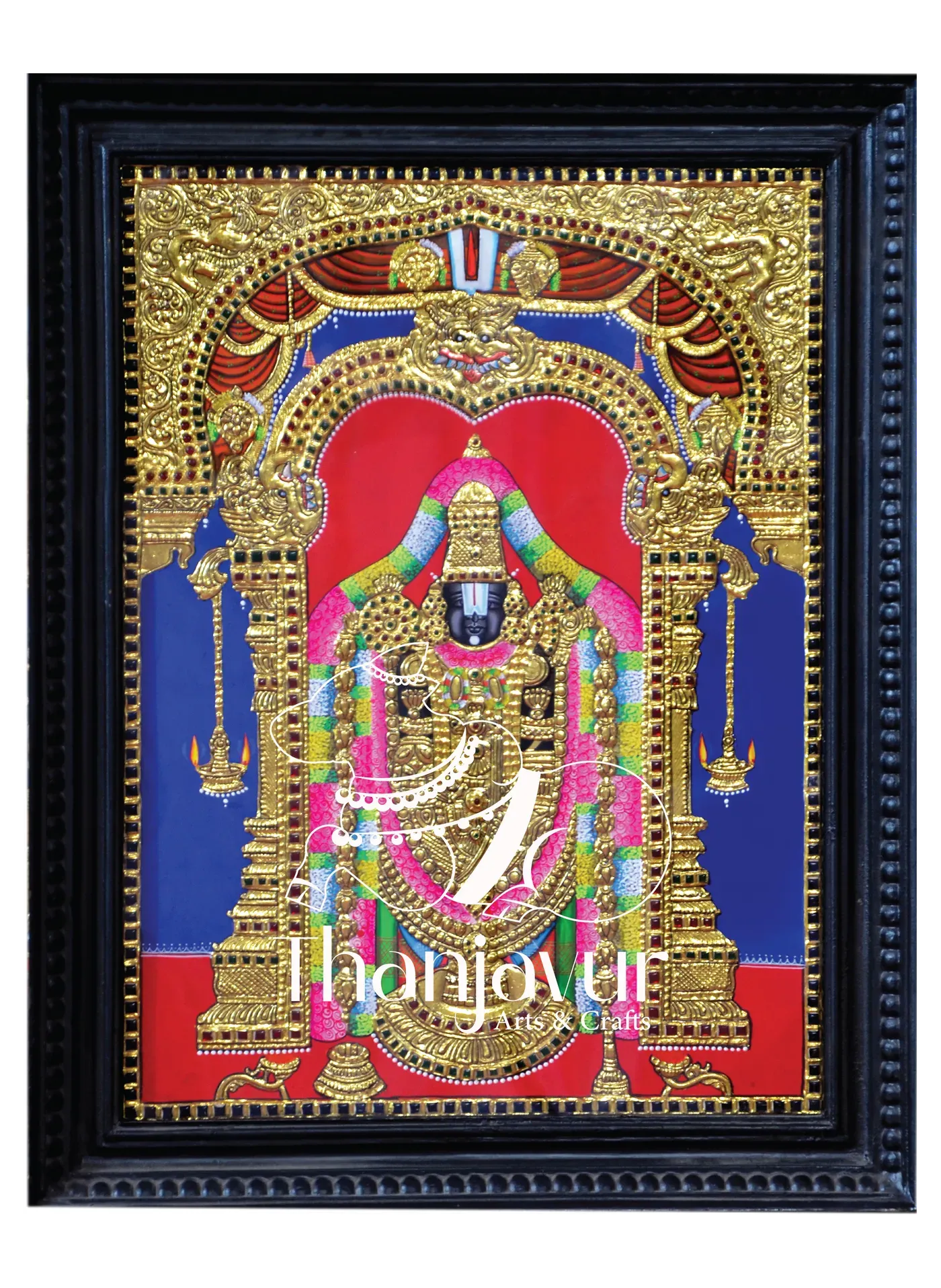 Balaji with Sangu, Chakra, and Namam — handmade Thanjavur painting