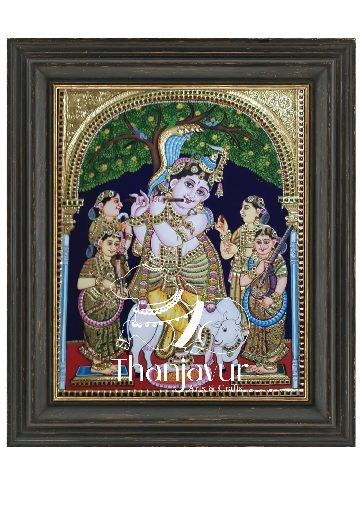 Flute Krishna — handmade Thanjavur painting