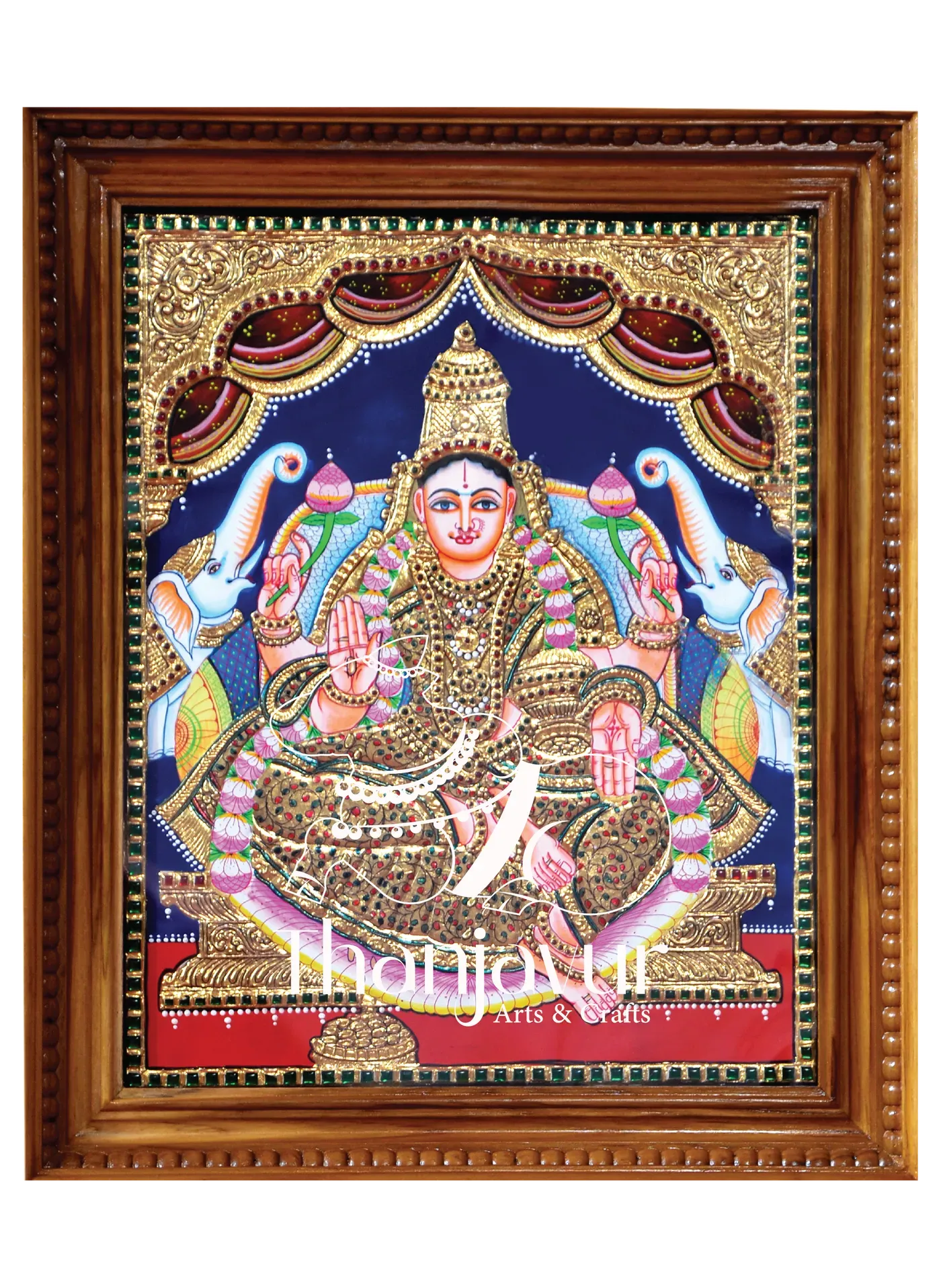 Gaja Lakshmi on Tan colour frame — handmade Thanjavur painting