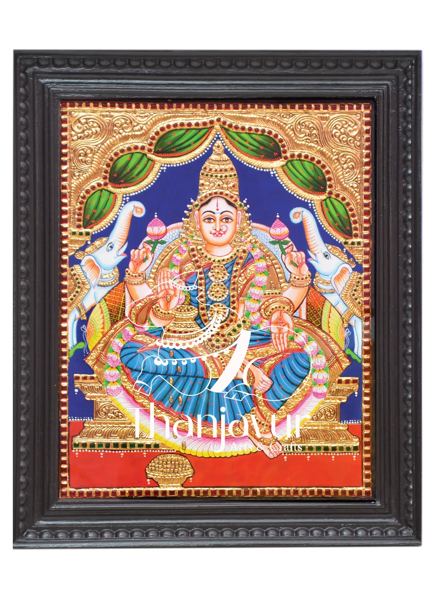 Gaja Lakshmi with Blue Colour Saree — handmade Thanjavur painting