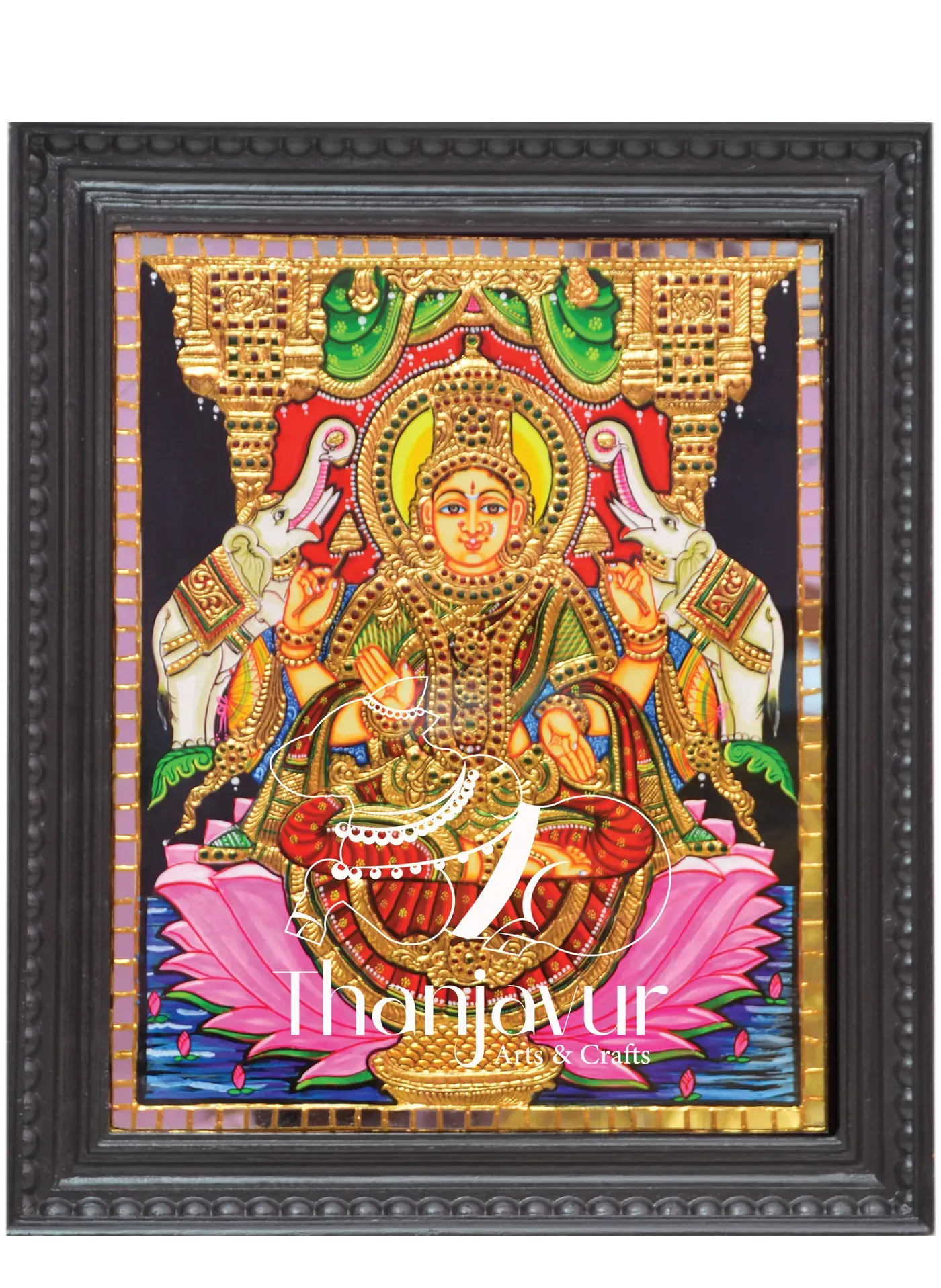 Gaja Lakshmi with Pink Lotus — handmade Thanjavur painting