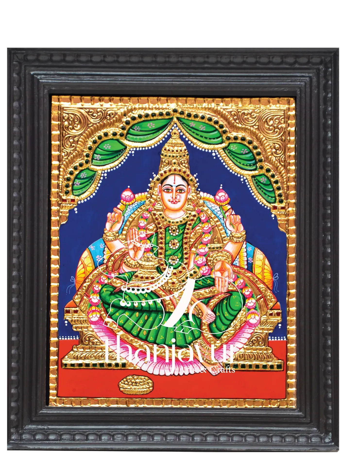 Ishwariya Lakshmi with Green Colour Saree — handmade Thanjavur painting