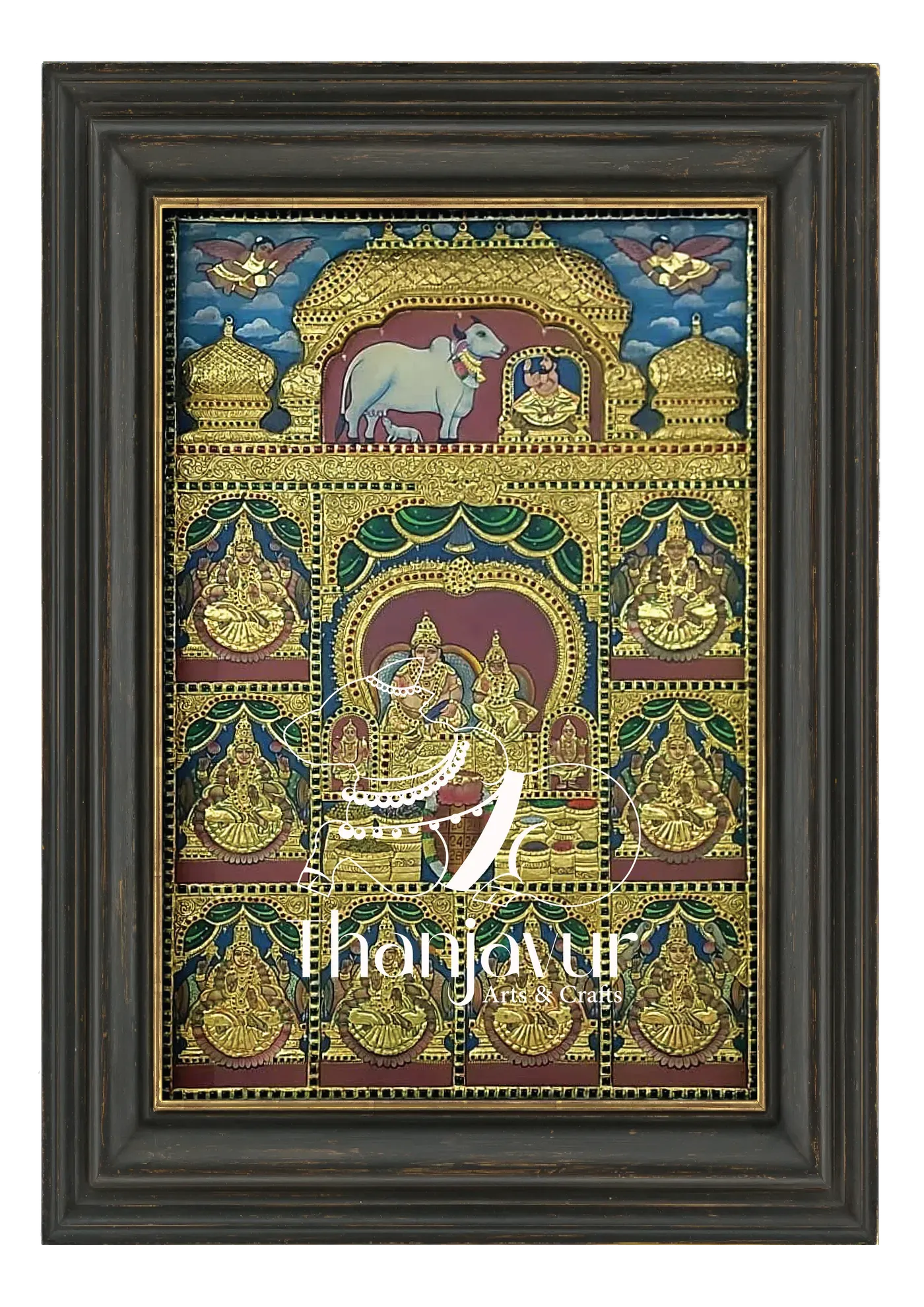 Kamadhenu, Gubererar & Ashta Lakshmi — handmade Thanjavur painting