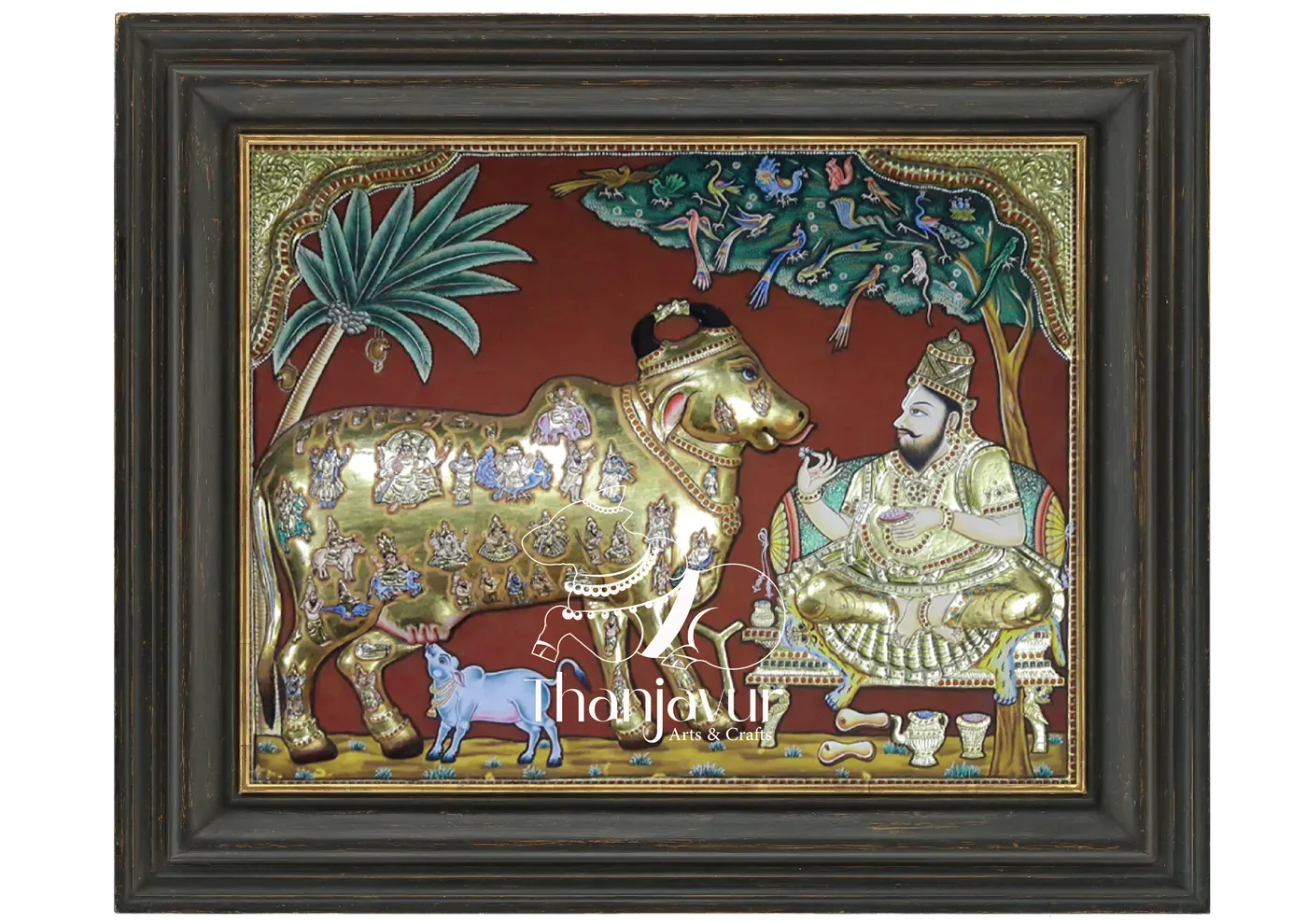 Kamadhenu with Saint — handmade Thanjavur painting