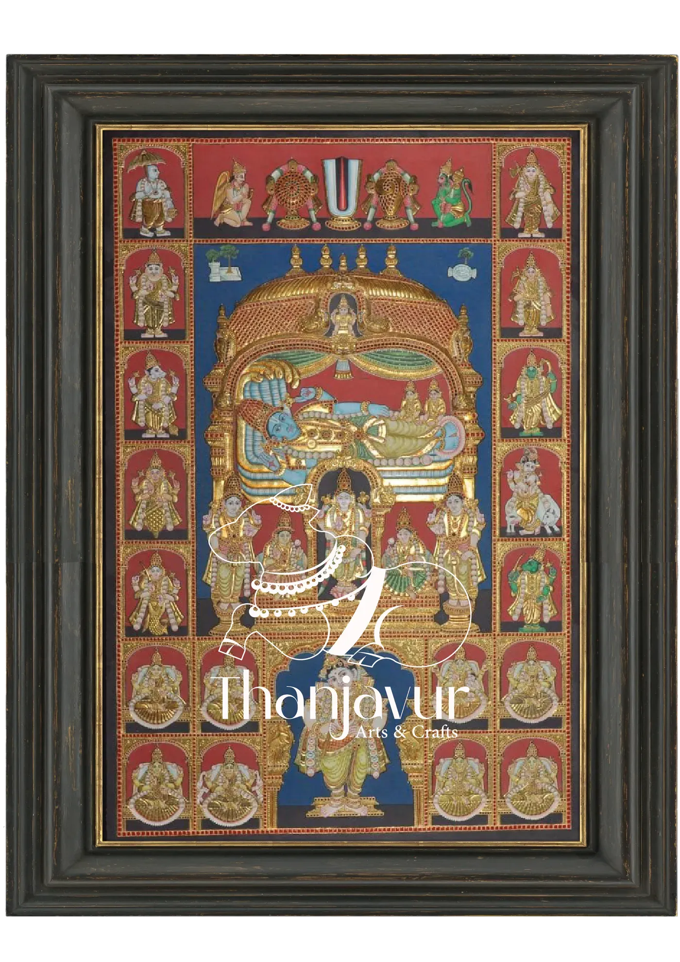 Maha Vishnu with 10 Avatars and Ashta Lakshmi — handmade Thanjavur painting