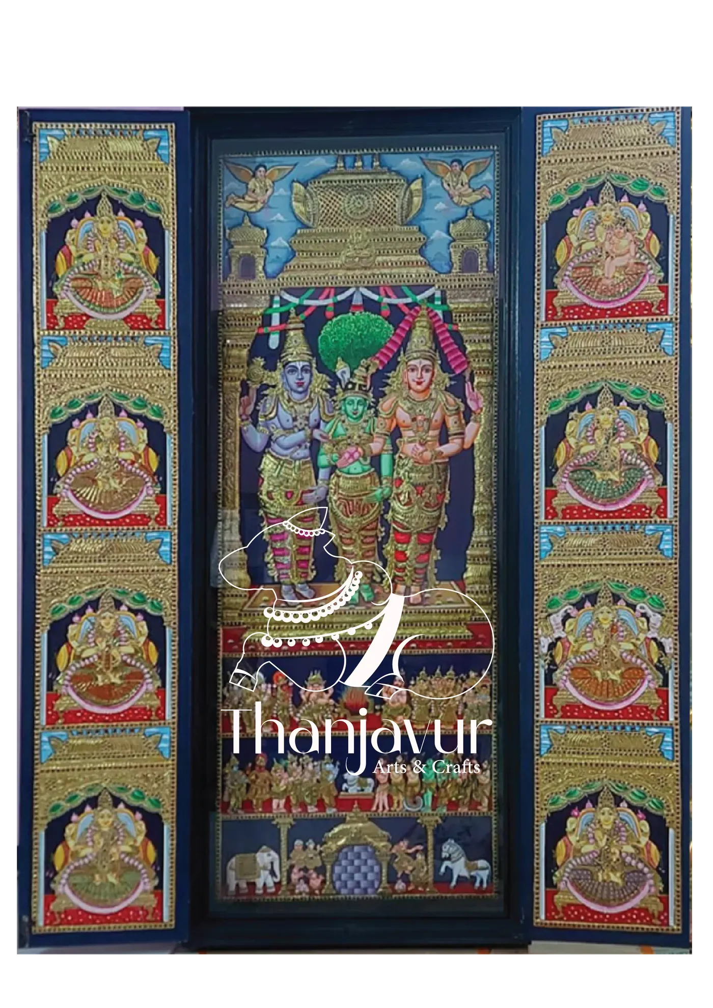 Meenakshi Kalyanam, Ashta Lakshmi, Shiva Parvathi, Vinayagar, & Murugar Door Painting — handmade Thanjavur painting