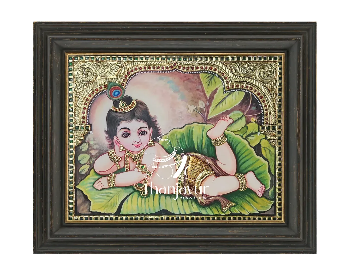 Modern Leaf Krishna — handmade Thanjavur painting