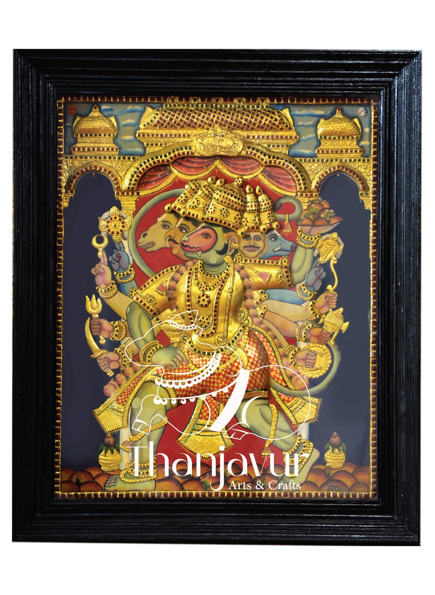 Panchamuga Anjaneyar with Arch — handmade Thanjavur painting