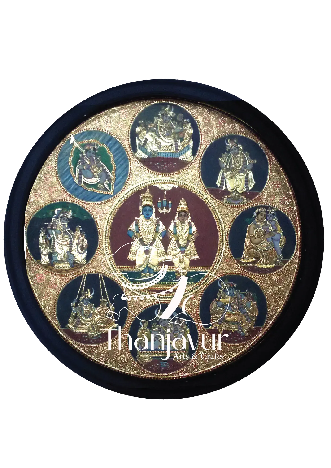 Pandurangan with 8 different forms of Krishna — handmade Thanjavur painting