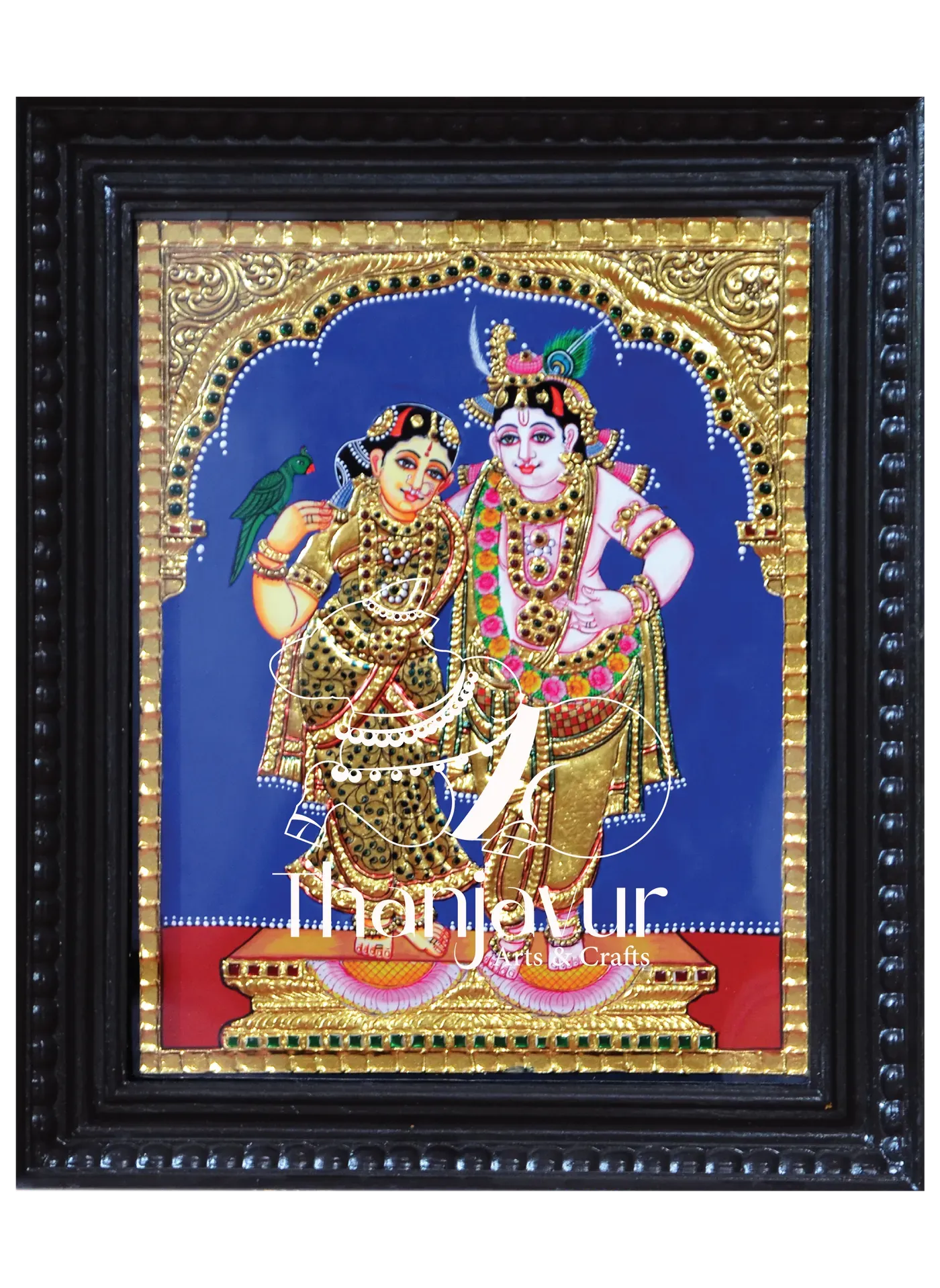 Radhe Krishna with Dark Blue Background — handmade Thanjavur painting