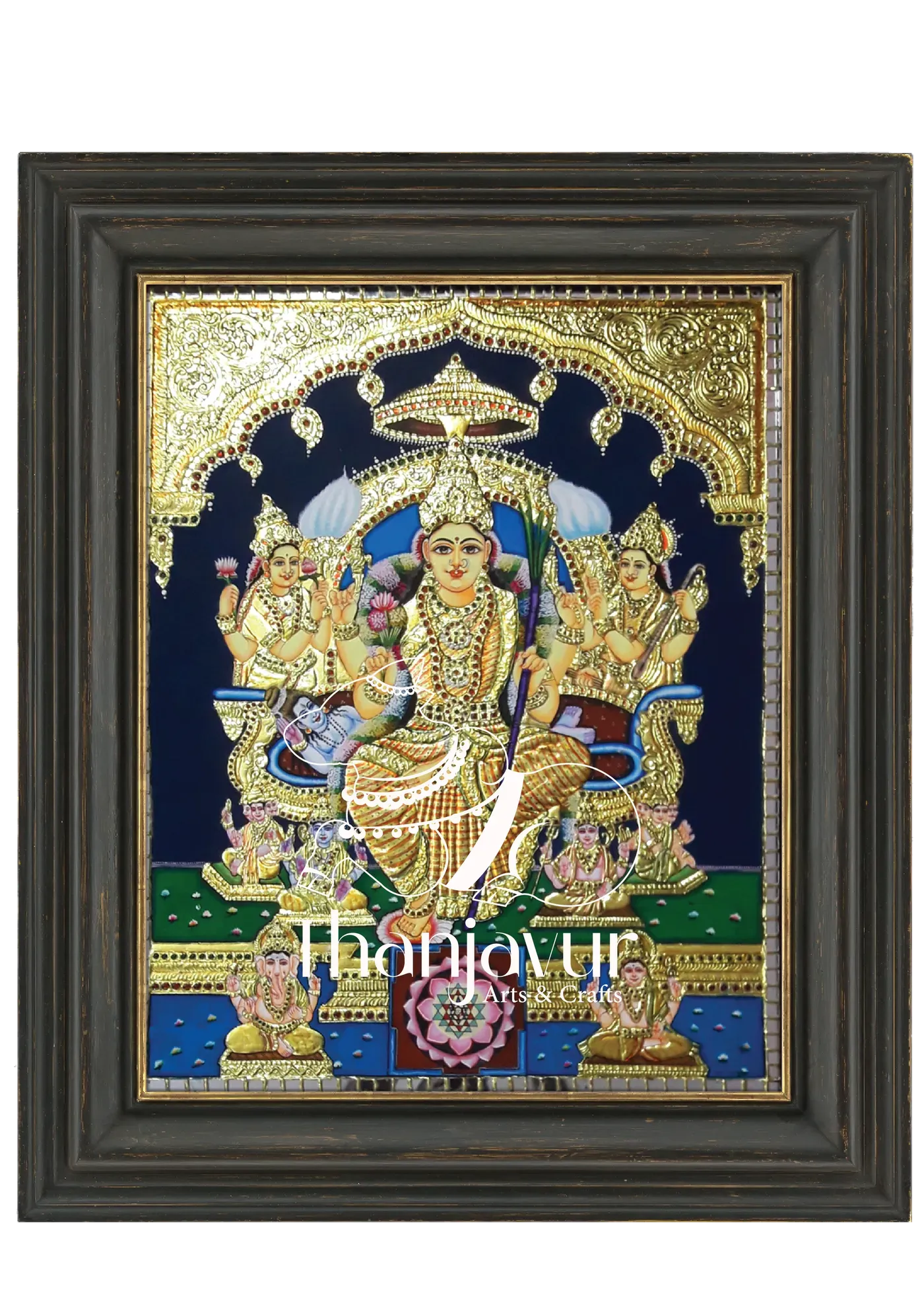 Raja Rajeshwari with Vinayagar and Murugar — handmade Thanjavur painting