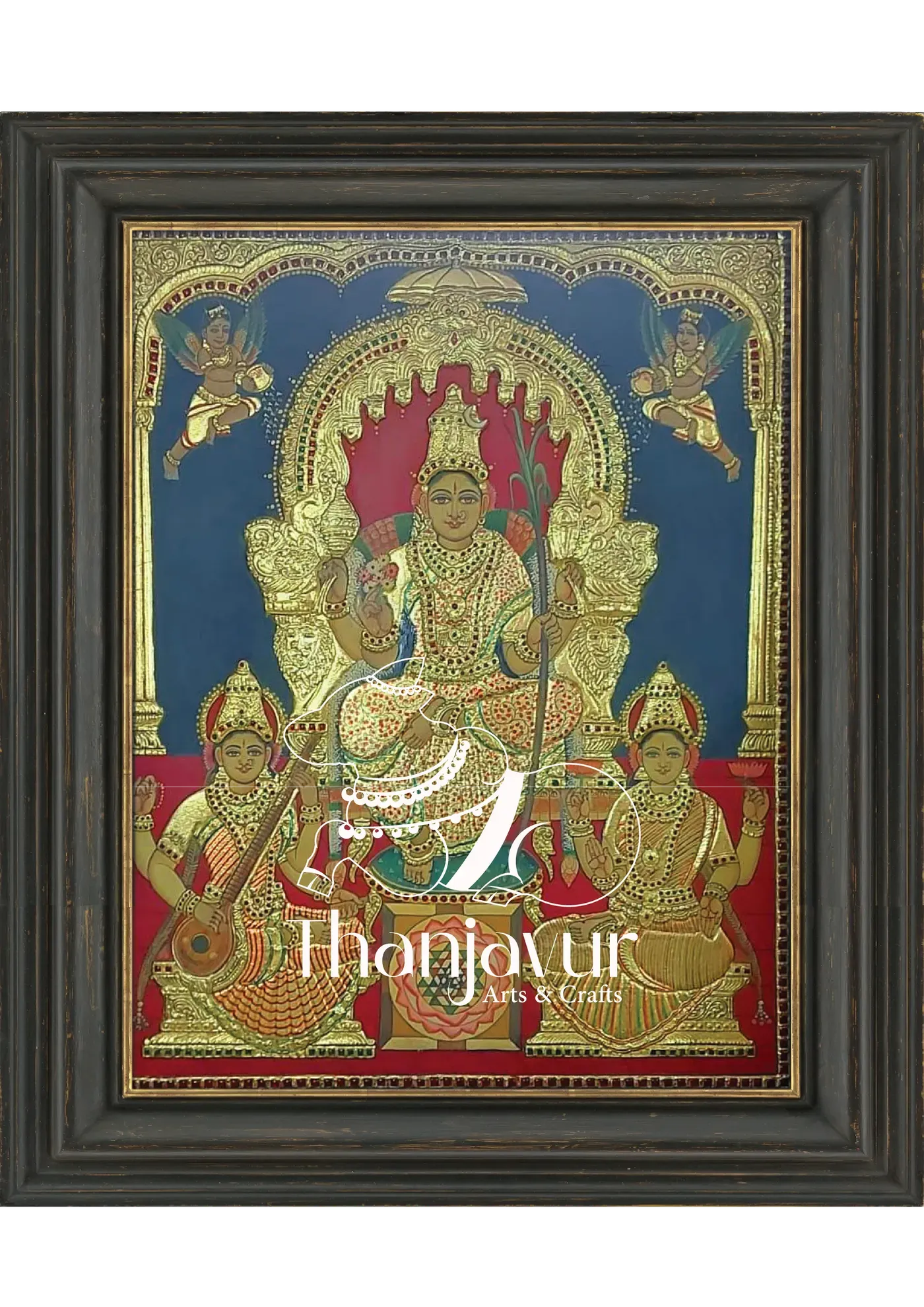 Rajarajeshwari, Saraswati and Lakshmi — handmade Thanjavur painting