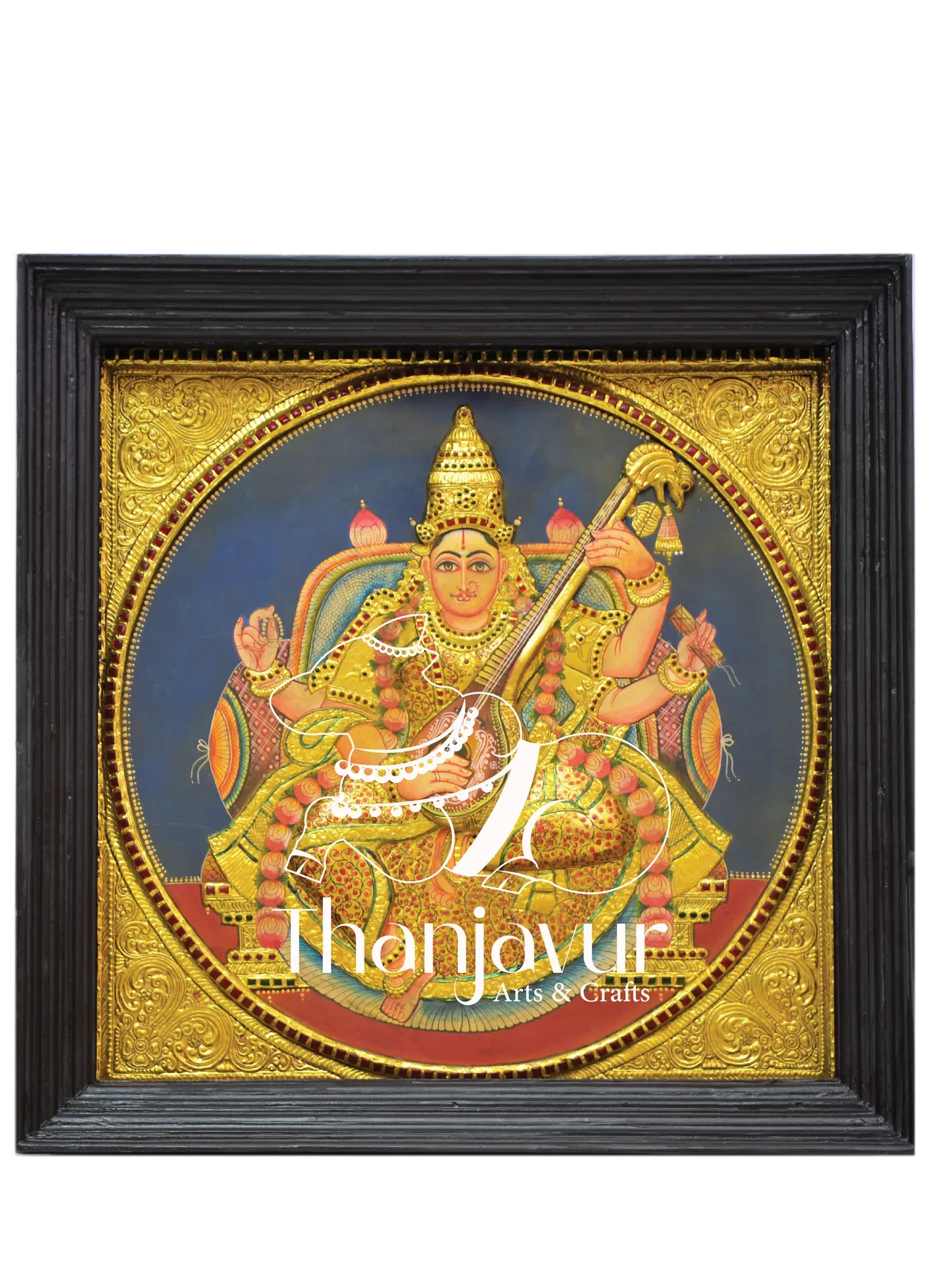 Saraswathi (Square Frame) - 24" X 24" — handmade Thanjavur painting
