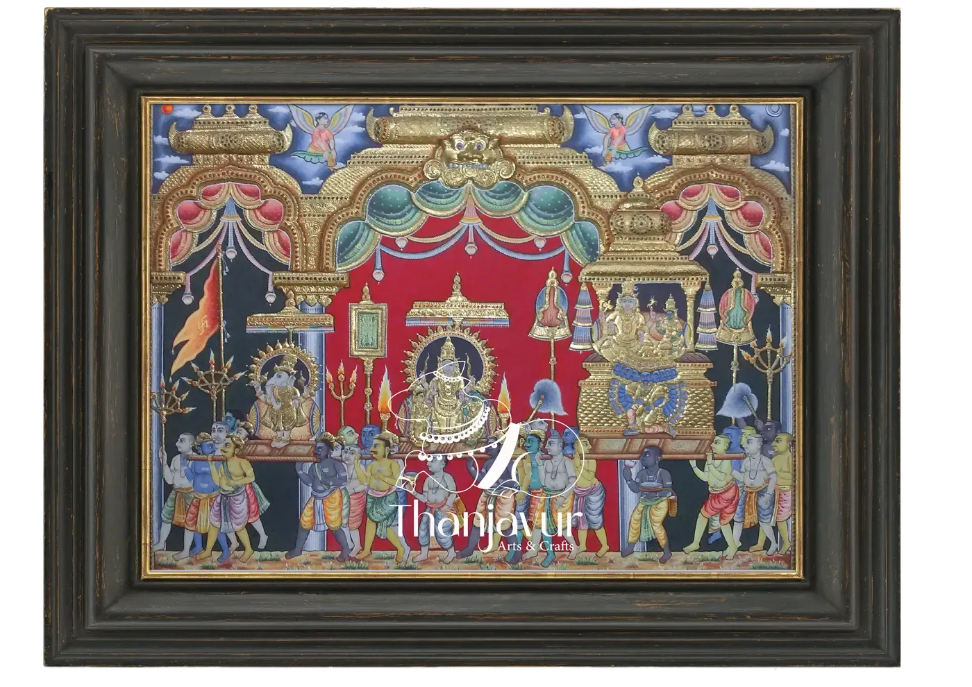 Shiva Parvati Family Procession — handmade Thanjavur painting