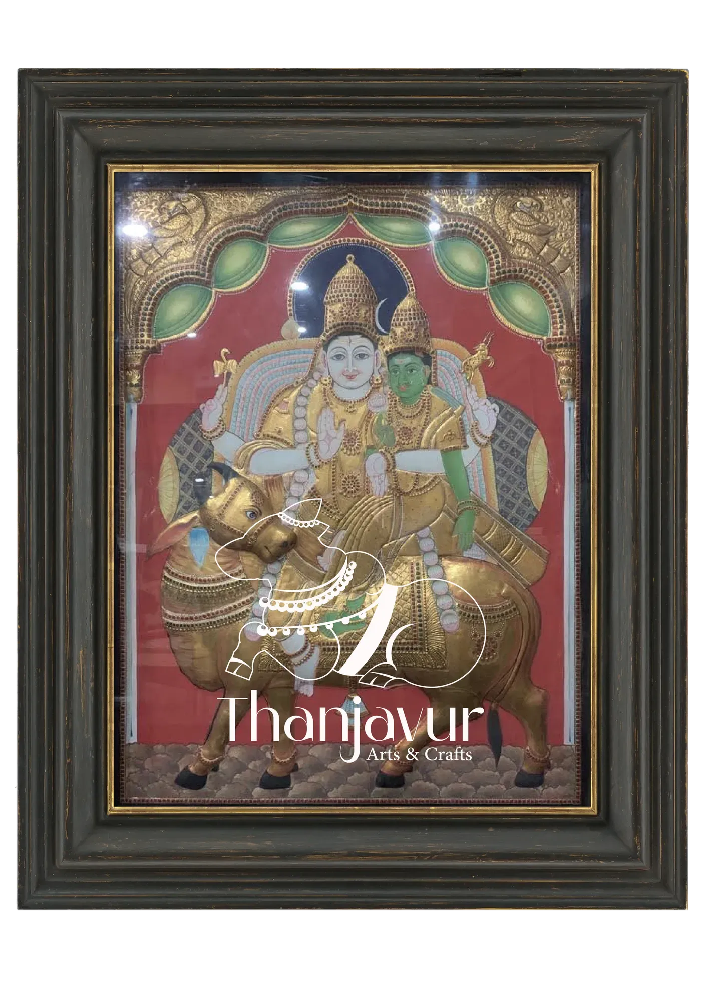 Shiva Parvati in Rishaba Vahanam — handmade Thanjavur painting