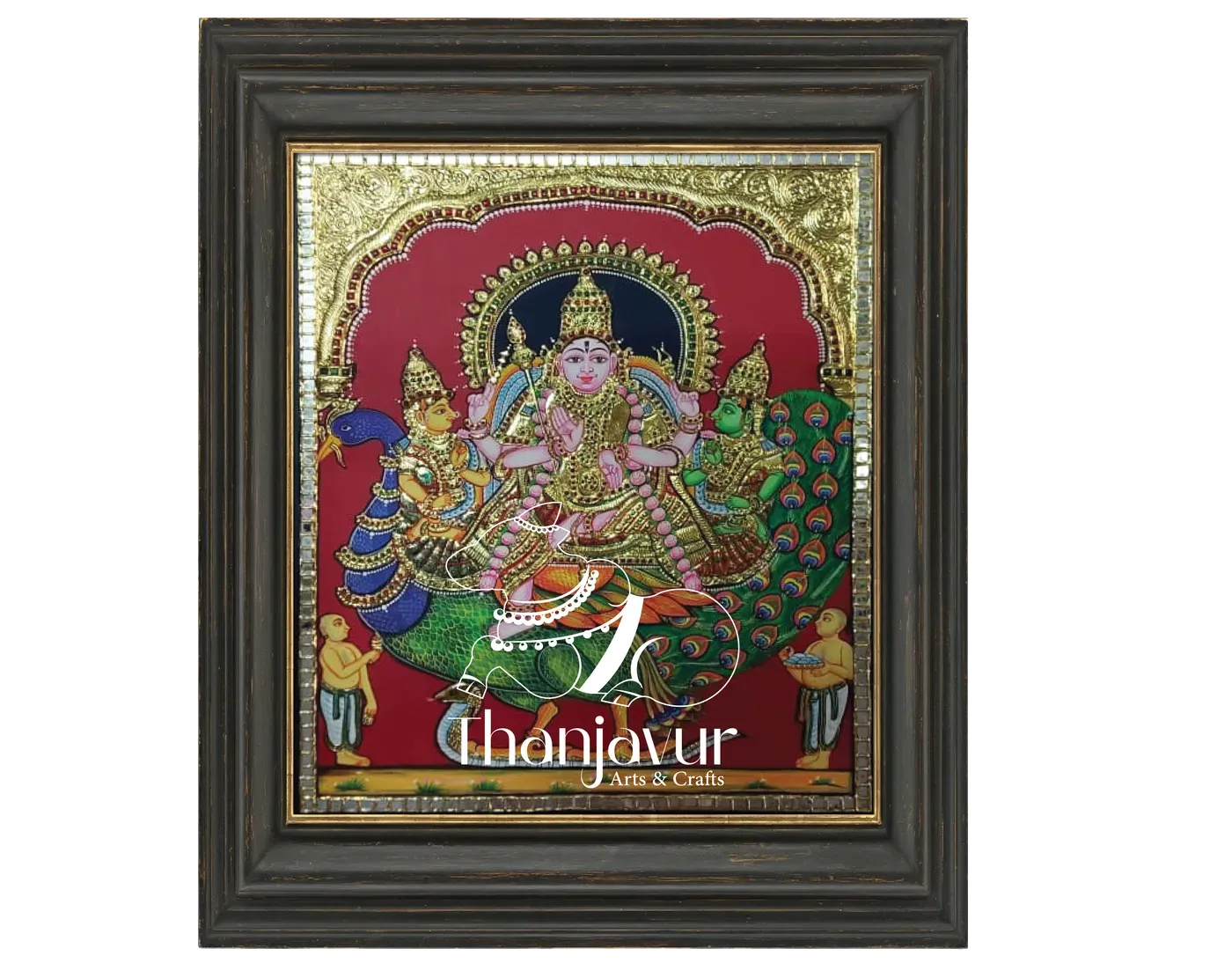 Valli Deivanai Murugan on Peacock — handmade Thanjavur painting