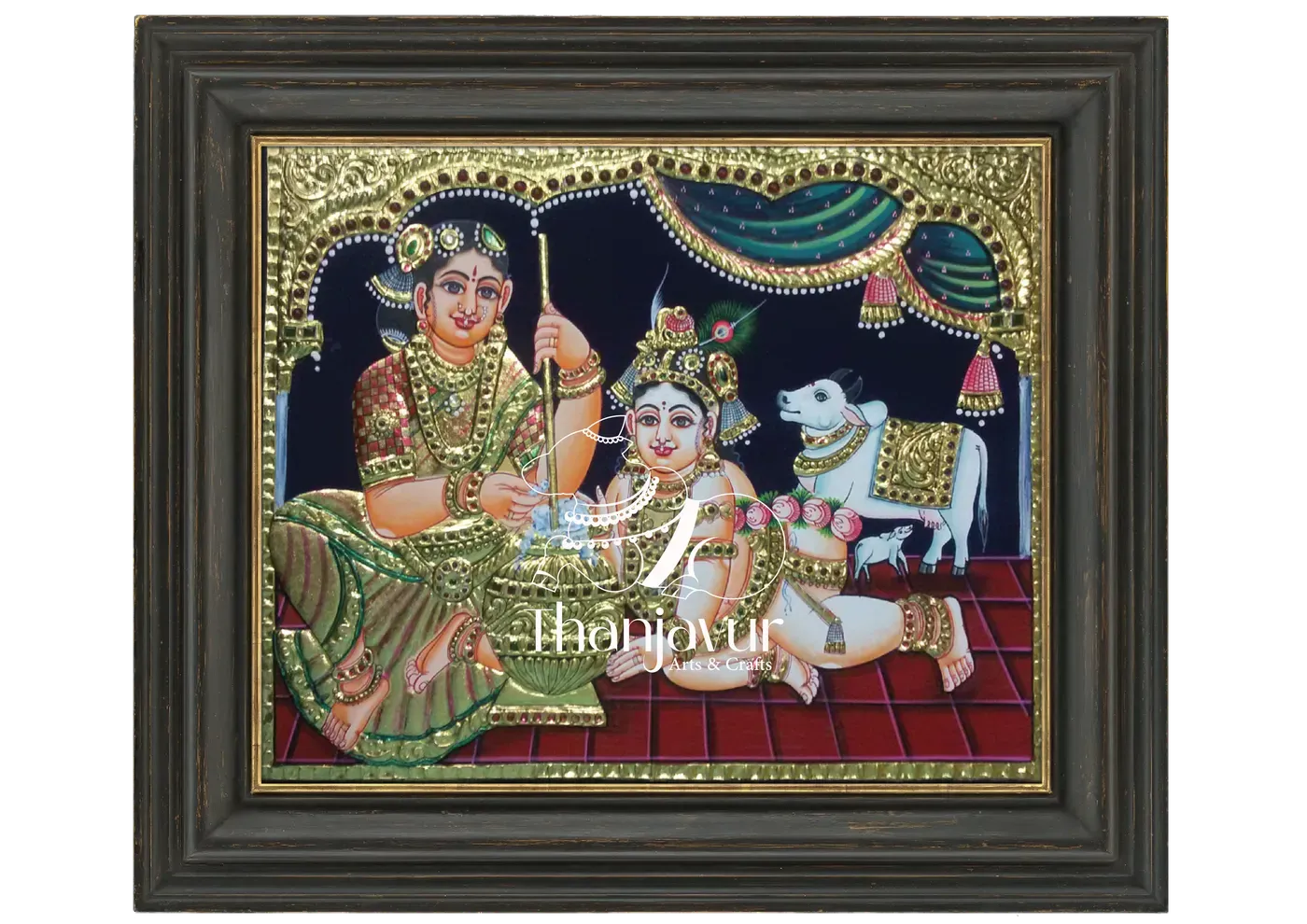 Yashoda Krishnar with Cow — handmade Thanjavur painting